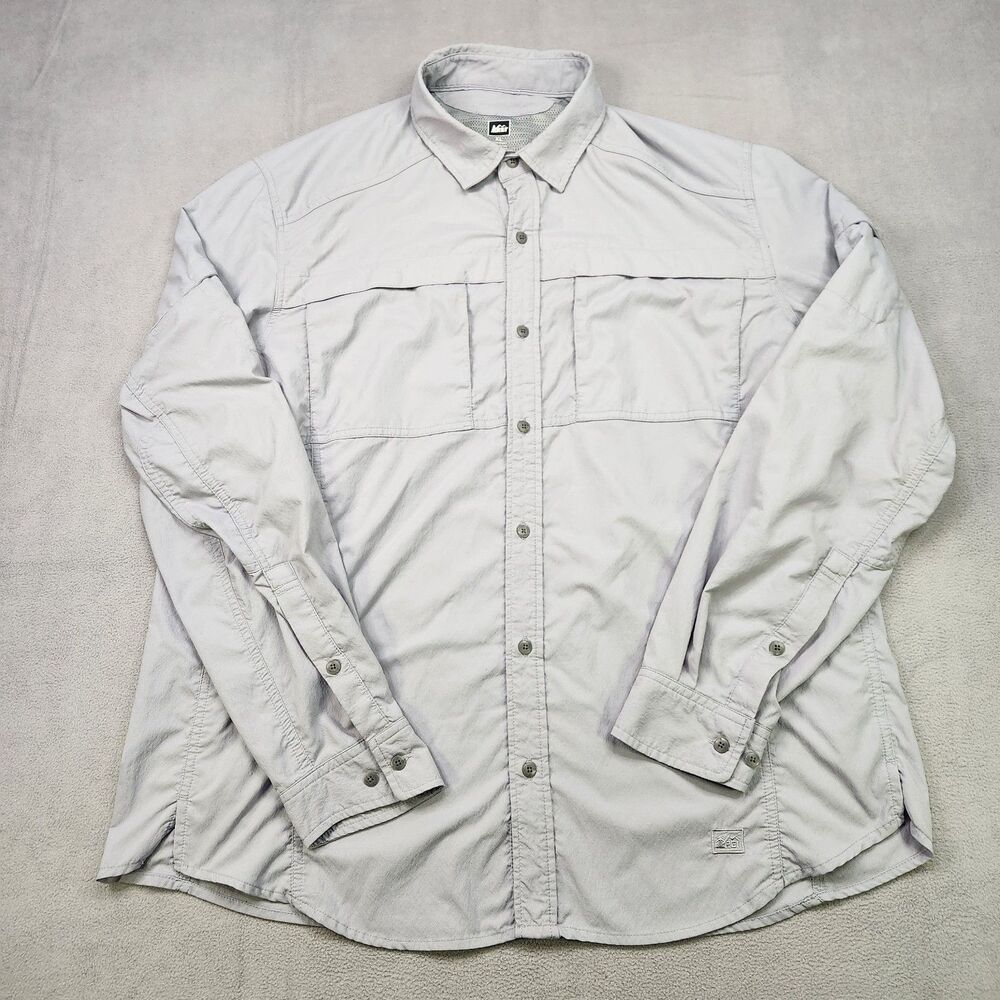 REI Shirt Men's XL Gray Long Sleeve Button Up Vented Fishing Hiking Performance
